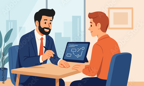 Consultant sketching process maps on a tablet during a one-on-one mentoring session