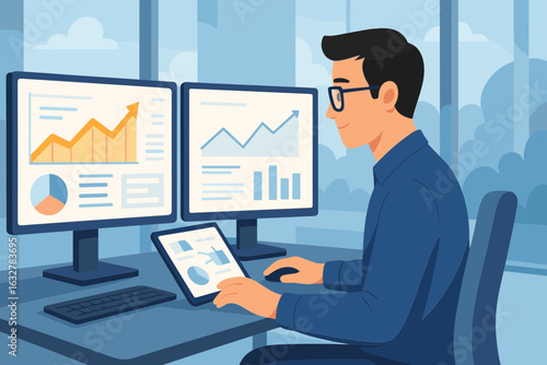 Financial planner comparing market projections on dual monitors in a tech-quiet zone.