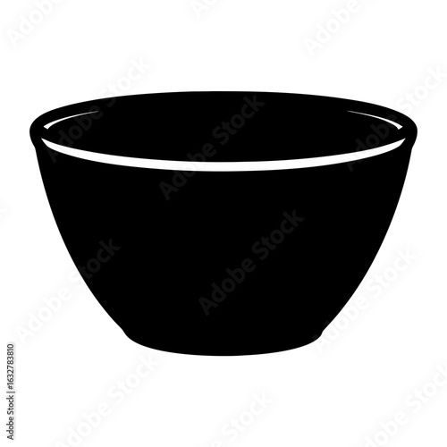 Silhouette of Empty Bowl Icon for Kitchen Use, Black silhouette of a simple empty bowl, isolated on white background, ideal for kitchen, food, or dining-related graphic designs.
