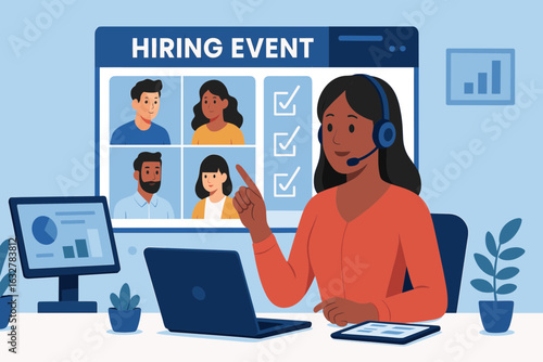HR manager moderating a virtual hiring event on a multi-screen interface