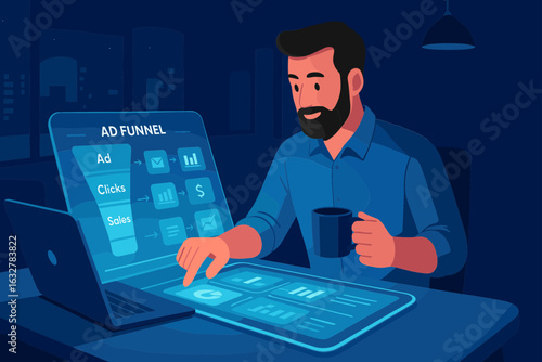 Digital strategist building ad funnels on a smart desk in a night-lit studio