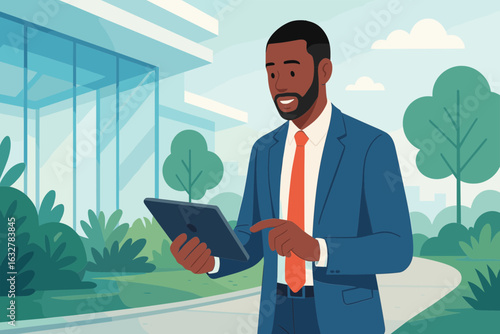 Executive refining business pitch during a walk-and-talk meeting in a tech campus garden