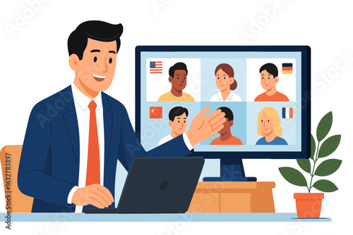 Consultant hosting a Q&A session with international attendees in a multilingual interface