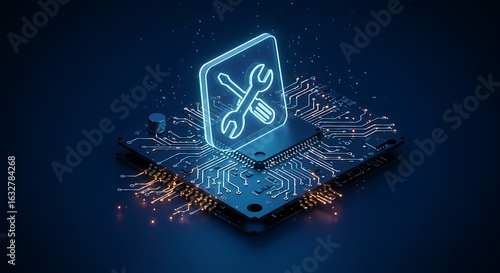 Repairing Technology Concept with Glowing Tools on Circuit Board