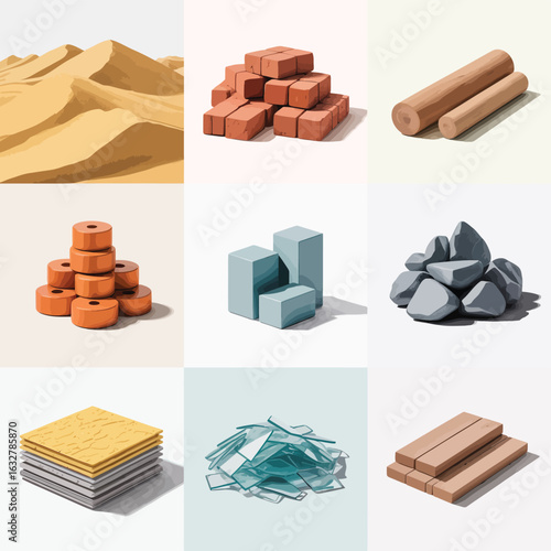Collection of building materials and natural elements arranged in a grid