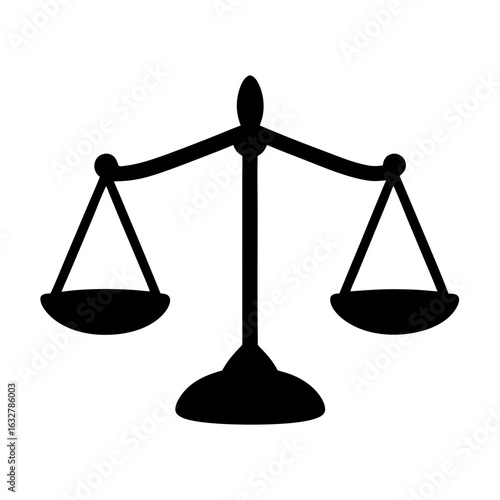Symmetrical balance scale in black isolated against a white background representing justice