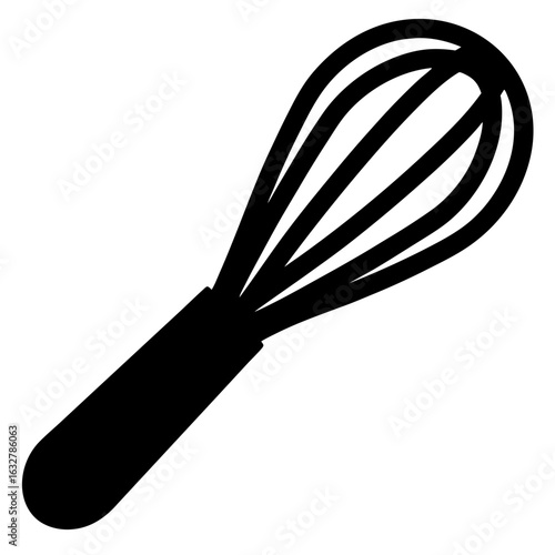 Silhouette of Whisk Kitchen Utensil Icon, Simple black silhouette of a wire whisk kitchen utensil, commonly used in cooking and baking, isolated on white background.
