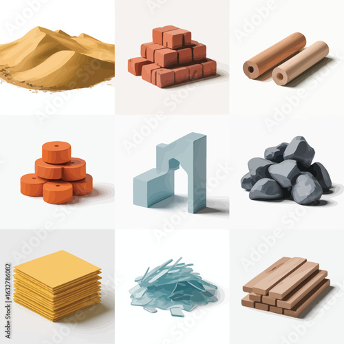 Collection of building materials and construction elements arranged in a grid