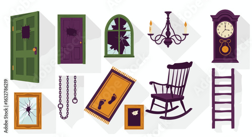 Haunted house interior design with broken furniture and objects