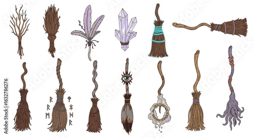 Assorted witch broom collection vector illustration design art