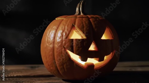 A cinematic zoom-in on a glowing jack-o'-lantern in a dark room, with candle flicker and shadows — perfect for spooky Halloween content and festive ambiance.