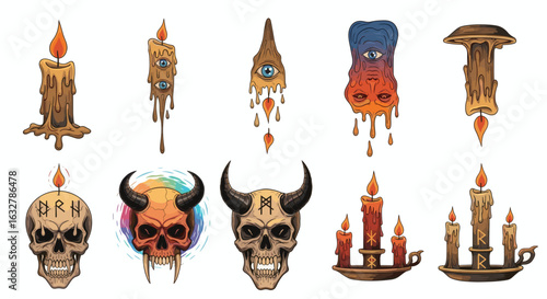 Collection of occult candles and skulls vector illustration