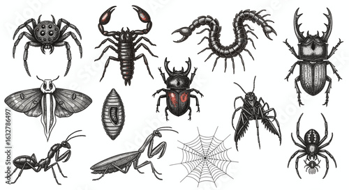 Illustration of various insects arachnids and arthropods species