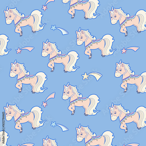 Seamless pattern with cute pink unicorn and stars