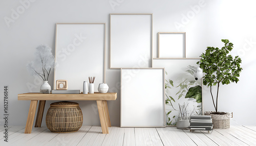 Scandinavian style vignette with empty frames, plants, and wooden furniture interior picture frames
