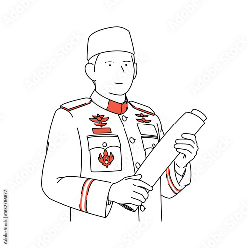 Iconic Indonesian Statesman Holding National Document in Military Uniform with Confident Expression