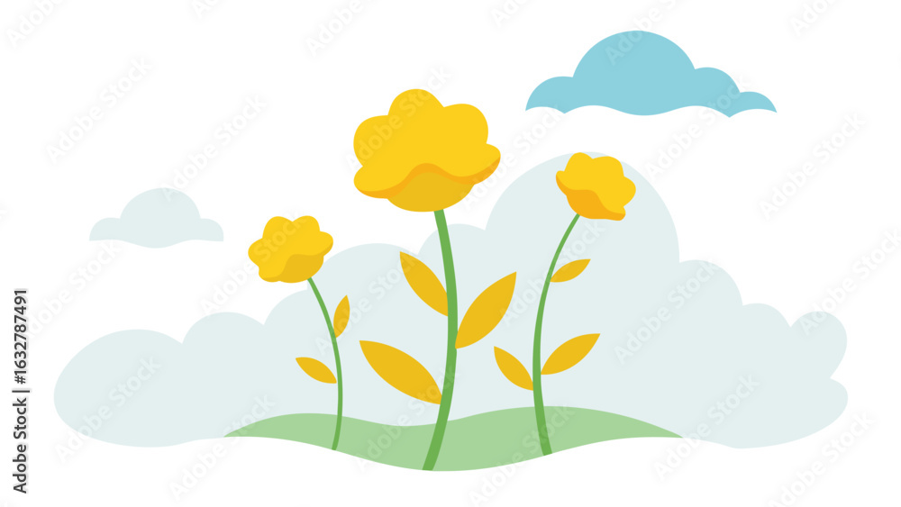 Fototapeta premium Simple illustration of yellow flowers blooming in a field with soft clouds in the sky