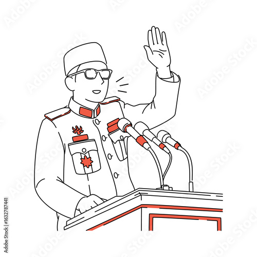 Historic Indonesian President Giving Speech in Military Uniform with Raised Hand Gesture