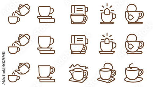 Various coffee preparation techniques displayed through minimalist line art illustrations in warm tones