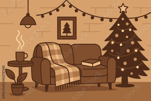 Cozy living room decor with a Christmas tree and warm beverage in a serene, festive atmosphere