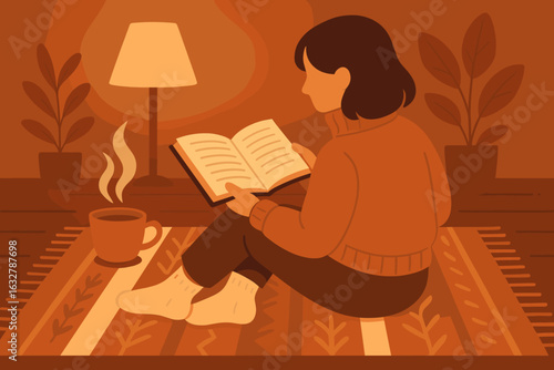 Cozy reading corner with warm colors, plants, and a steaming cup of coffee during a quiet afternoon
