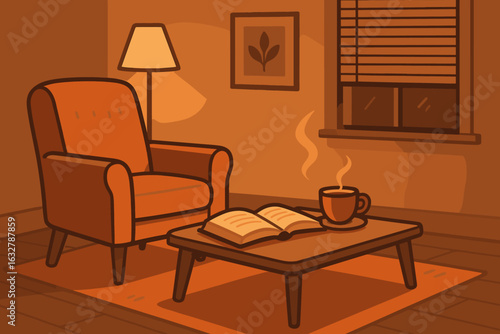 Cozy evening setting with an armchair, warm lighting, and a cup of coffee near an open book on a table