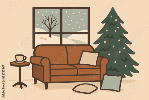 Cozy winter living room with a Christmas tree and snowy window view in a warm and inviting setting