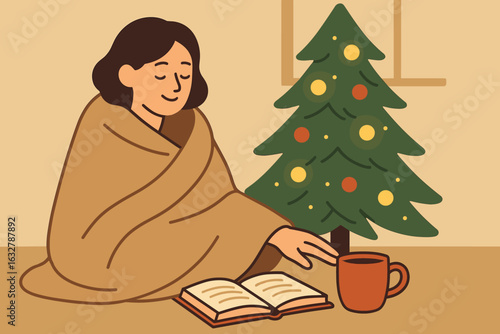 Cozy winter afternoon with a warm drink and a good book by the decorated Christmas tree