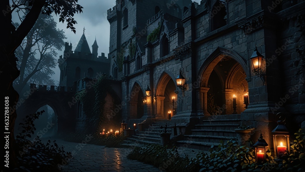 Gothic Castle Courtyard Shrouded in Rainy Twilight with Ivy-Covered Cracked Stone Walls Gothic Castle Courtyard Shrouded in Rainy Twilight with Ivy-Covered Cracked Stone Walls