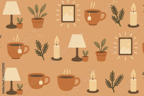 Cozy and warm home decor pattern featuring plants, coffee cups, and candles for a relaxing atmosphere