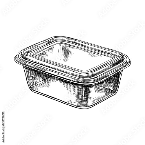 Engraving style illustration of rectangular plastic food container with lid in black and white on transparent background – Packaging vector for meal prep branding, food delivery services