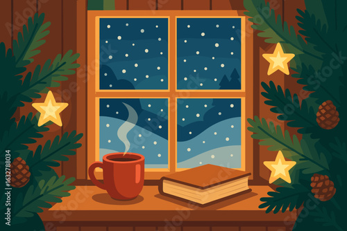 Cozy winter evening with steaming cup and book by the window decorated with pine and stars