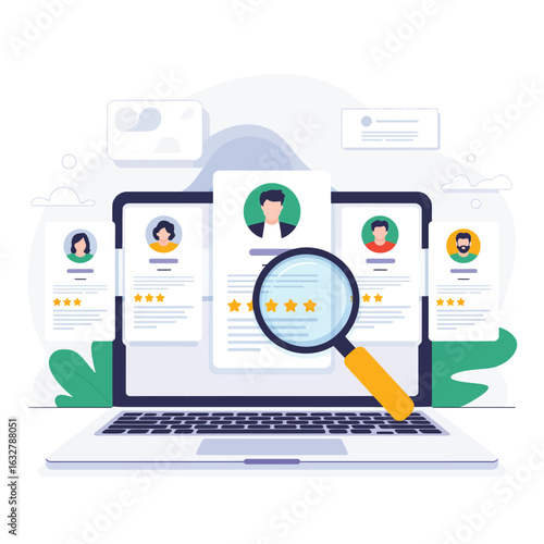 Online job search and candidate selection with laptop and magnifying glass