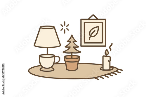 Cozy living room arrangement with a lamp, plant, and candle on a decorative table