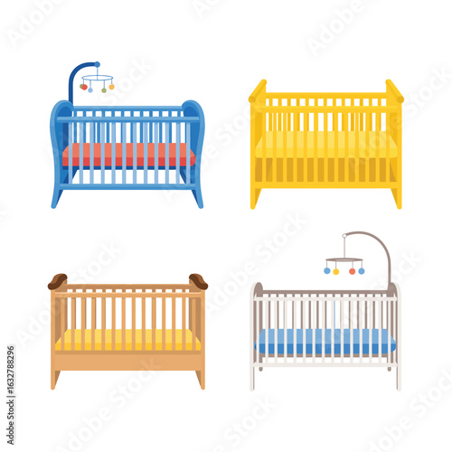 Four different styles of baby cribs in various colors and designs