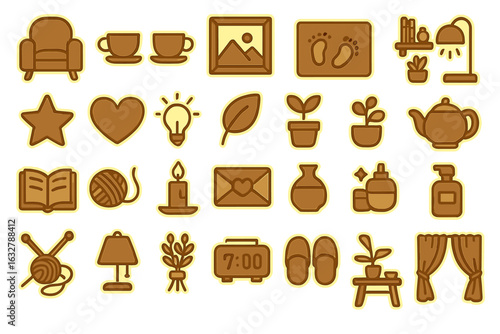 Decorative icons showcasing cozy home elements and leisure activities for a warm and inviting atmosphere