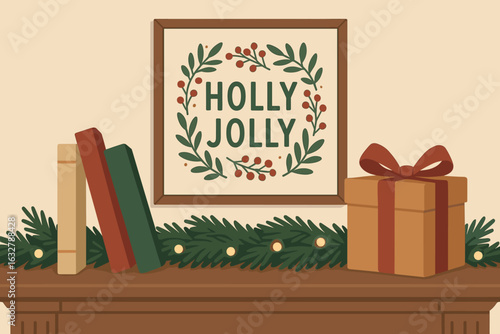 Decorative mantel display with festive wreath, books, and gift box during Christmas celebration