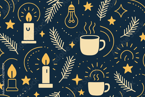 Cozy pattern featuring candles, cups, and stars in soothing colors on a dark background