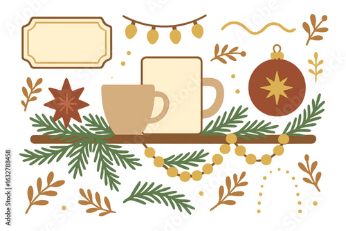 Seasonal decorations featuring festive elements such as mug, ornaments, and foliage on a wooden shelf