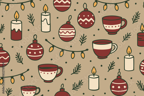 Holiday decorations and warm beverages create a cozy winter atmosphere with festive patterns on a neutral background