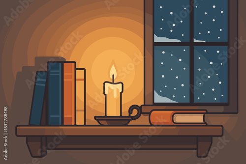 Cozy winter evening with candlelight illuminating books on a shelf by a snow-filled window