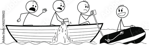 Cartoon stick figures in sinking boat and happy on inflatable