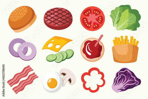 Collection of fresh ingredients for making a delicious hamburger