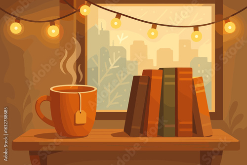 Cozy afternoon with tea and books by the window as warm light fills the room
