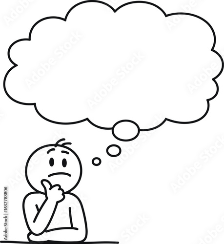 Stick figure thinking with thought bubble vector illustration