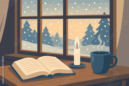 Cozy winter evening with a book, candle, and hot drink near a window with snowy scenery
