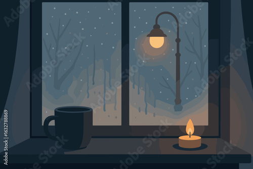 Cozy winter evening with candlelight and steaming mug near frosty window with falling snow