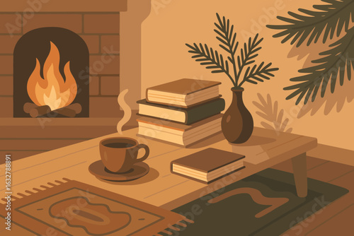 Cozy living room setting with a fireplace, books, and a warm drink on a winter evening