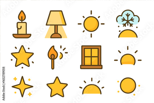 Various weather and lighting icons depicting natural and artificial light sources in a modern design style