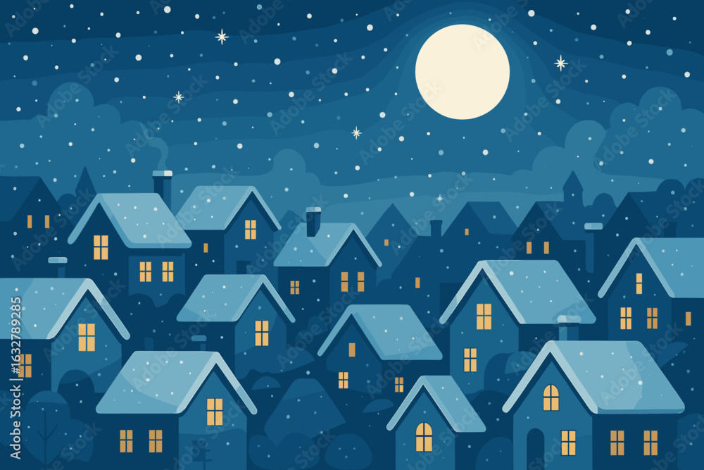 Fototapeta premium Winter village under a full moon with snow-covered rooftops and glowing windows